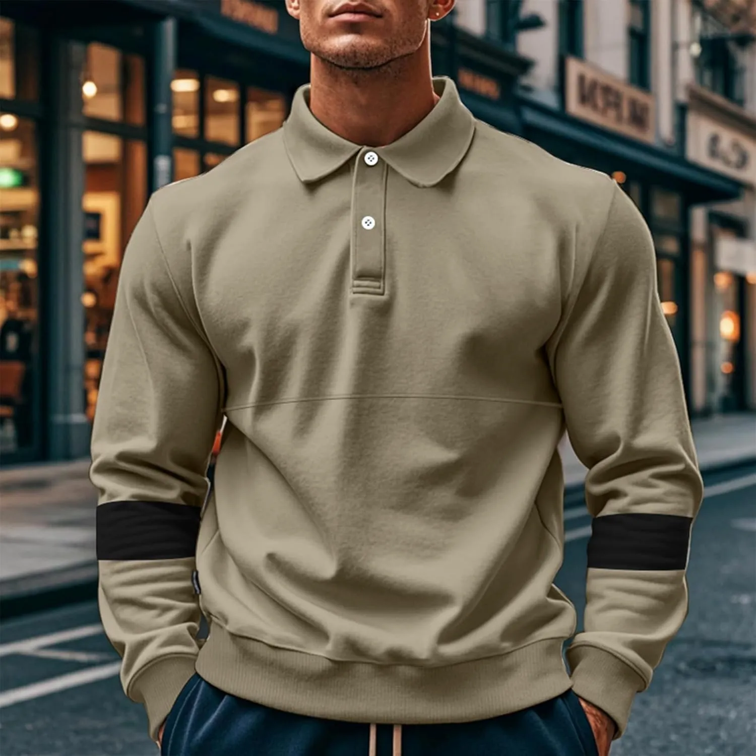 Mens Quarter Sweatshirt Casual Long Sleeve Polo Collar Quilted Sweatshirt Striped Button Pullover Shirts