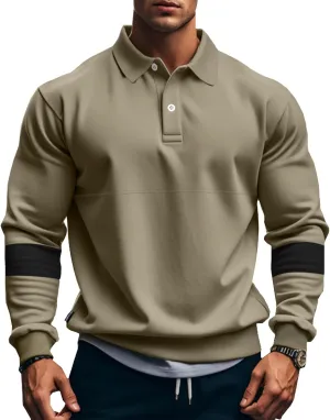 Mens Quarter Sweatshirt Casual Long Sleeve Polo Collar Quilted Sweatshirt Striped Button Pullover Shirts