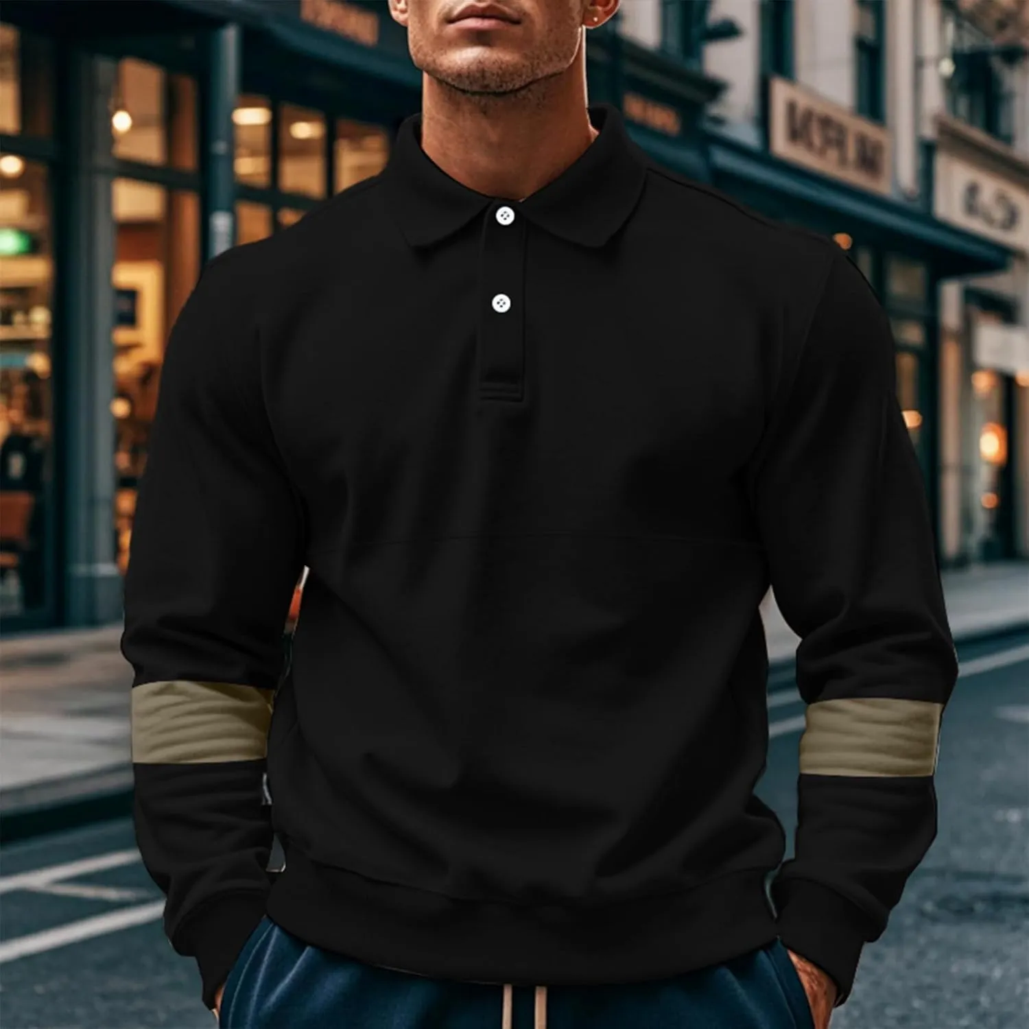 Mens Quarter Sweatshirt Casual Long Sleeve Polo Collar Quilted Sweatshirt Striped Button Pullover Shirts