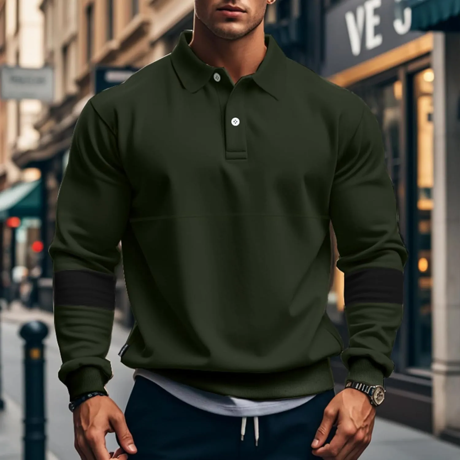 Mens Quarter Sweatshirt Casual Long Sleeve Polo Collar Quilted Sweatshirt Striped Button Pullover Shirts