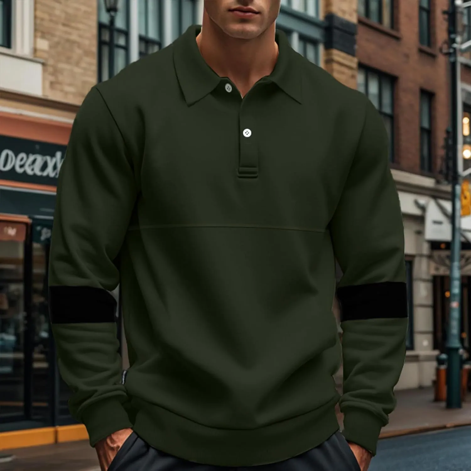 Mens Quarter Sweatshirt Casual Long Sleeve Polo Collar Quilted Sweatshirt Striped Button Pullover Shirts