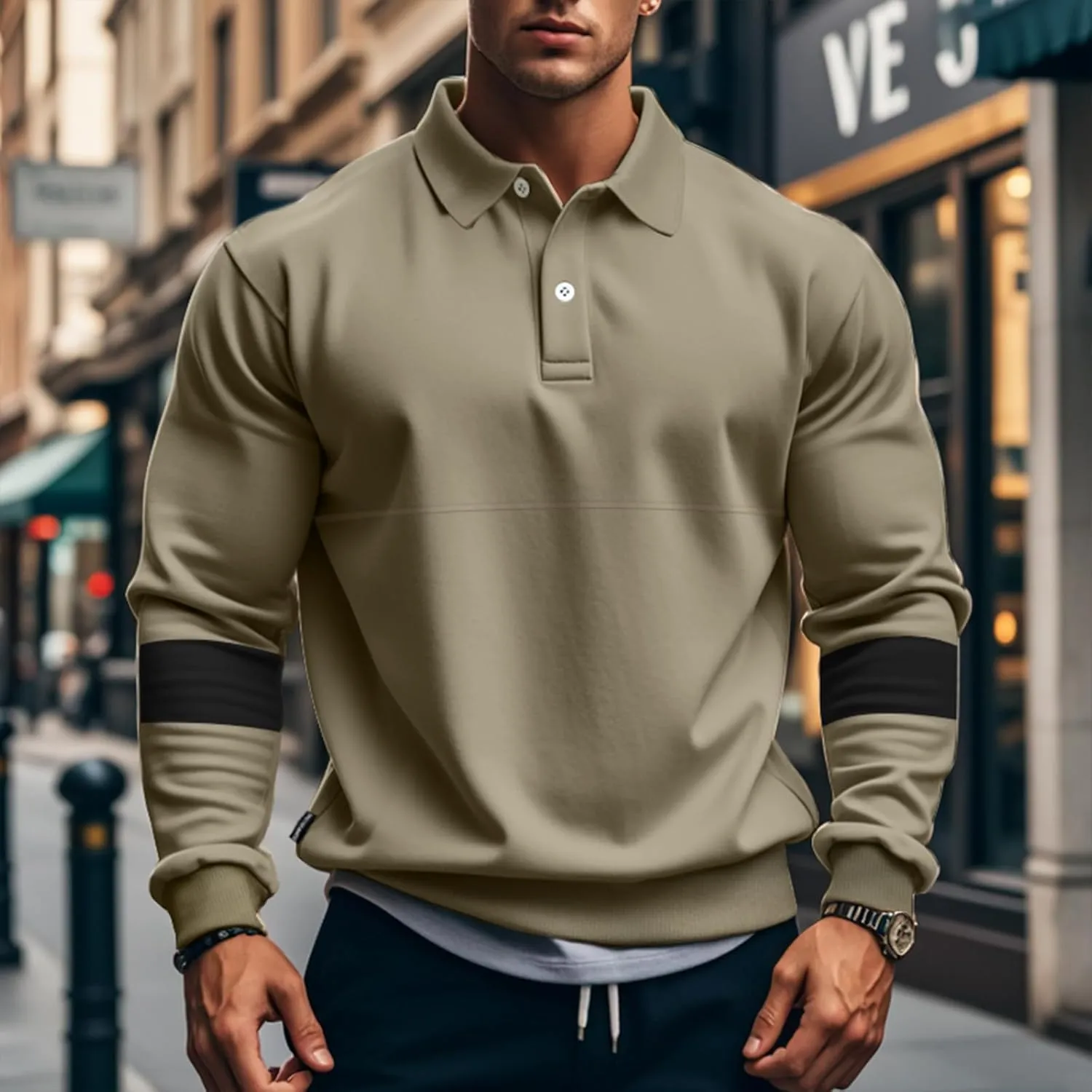 Mens Quarter Sweatshirt Casual Long Sleeve Polo Collar Quilted Sweatshirt Striped Button Pullover Shirts
