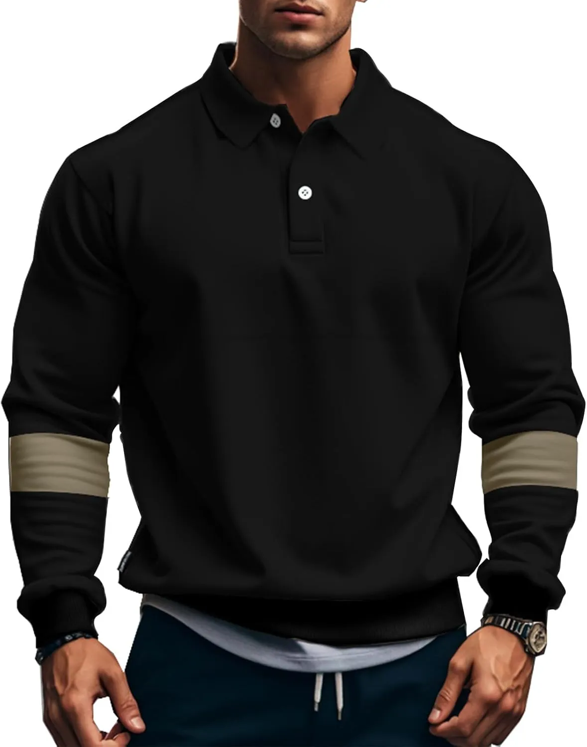 Mens Quarter Sweatshirt Casual Long Sleeve Polo Collar Quilted Sweatshirt Striped Button Pullover Shirts