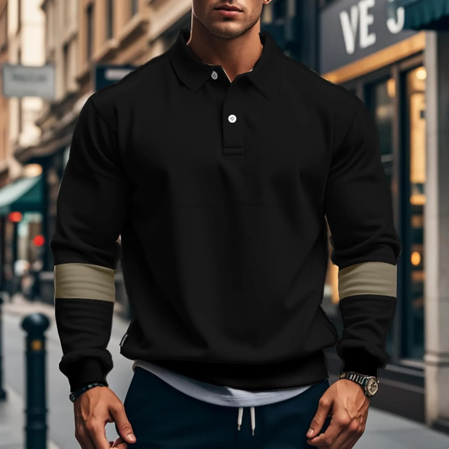 Mens Quarter Sweatshirt Casual Long Sleeve Polo Collar Quilted Sweatshirt Striped Button Pullover Shirts