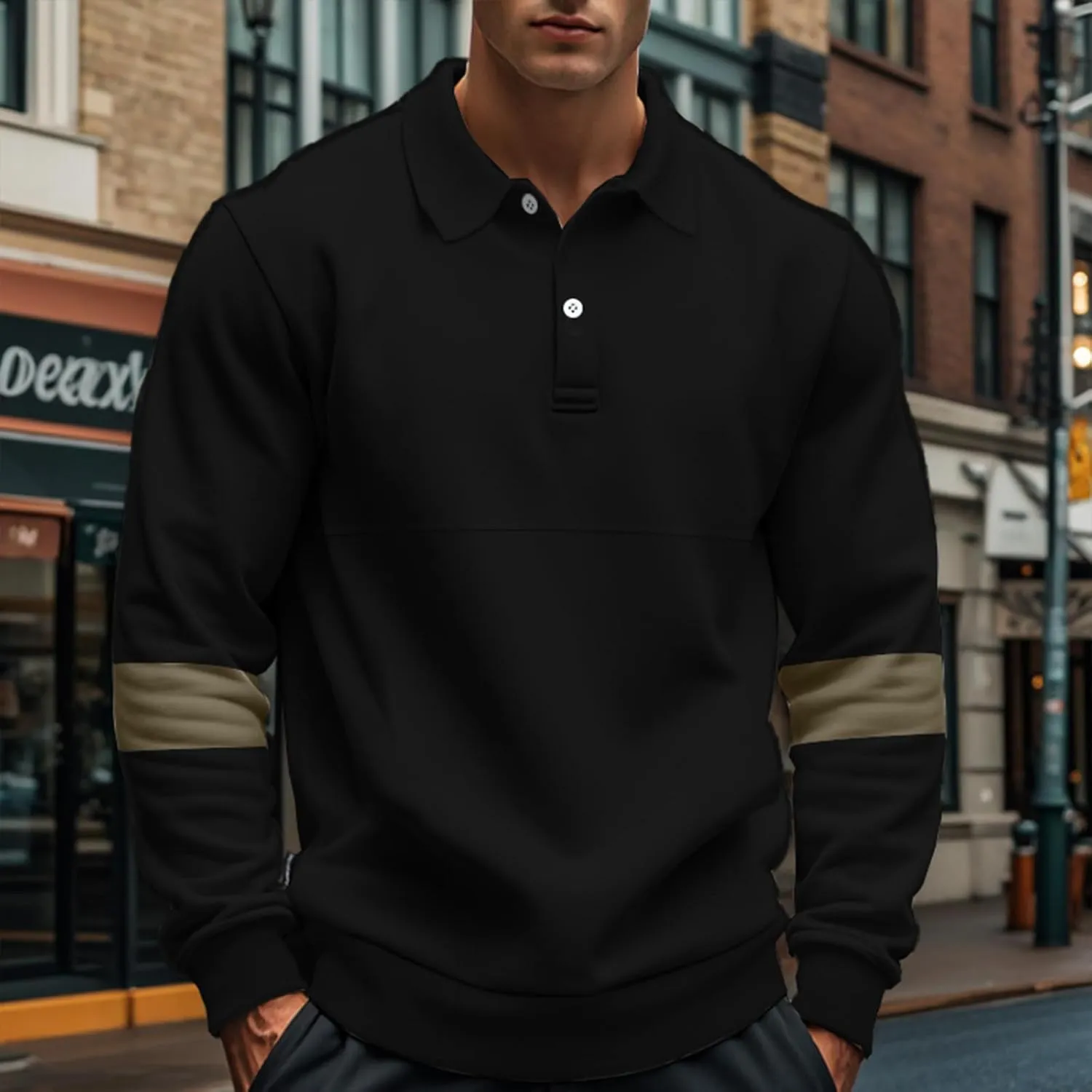 Mens Quarter Sweatshirt Casual Long Sleeve Polo Collar Quilted Sweatshirt Striped Button Pullover Shirts