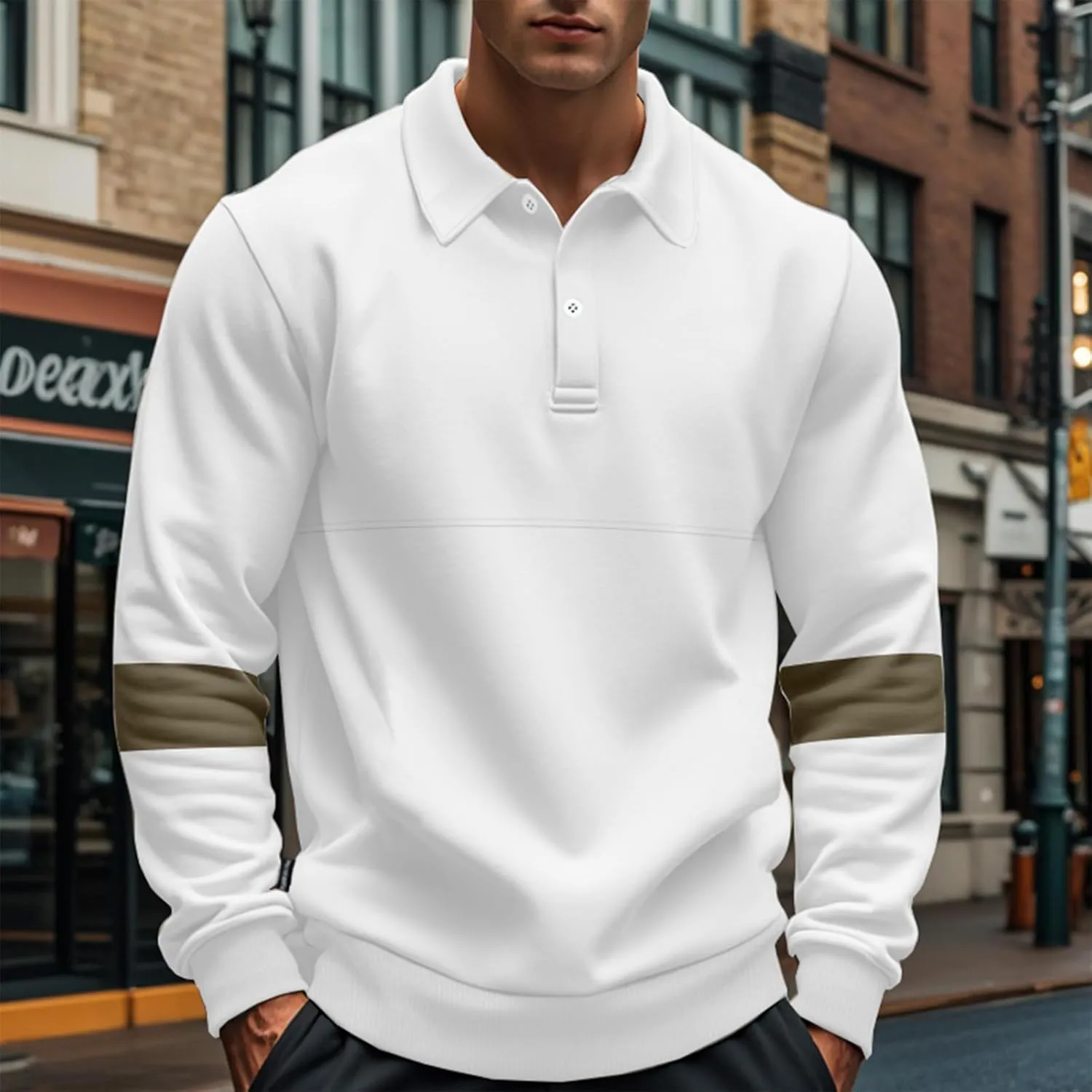 Mens Quarter Sweatshirt Casual Long Sleeve Polo Collar Quilted Sweatshirt Striped Button Pullover Shirts