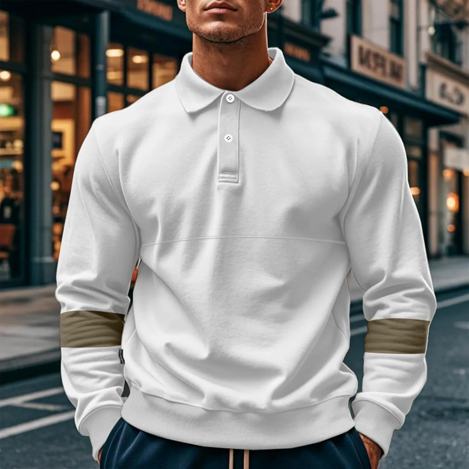 Mens Quarter Sweatshirt Casual Long Sleeve Polo Collar Quilted Sweatshirt Striped Button Pullover Shirts