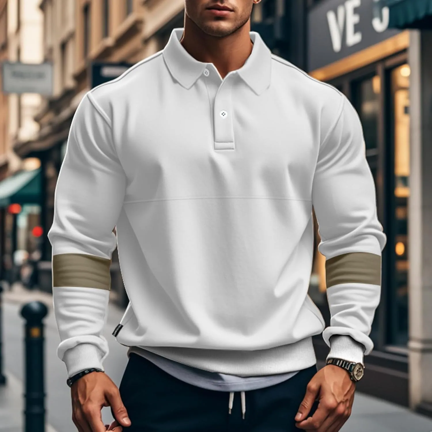 Mens Quarter Sweatshirt Casual Long Sleeve Polo Collar Quilted Sweatshirt Striped Button Pullover Shirts