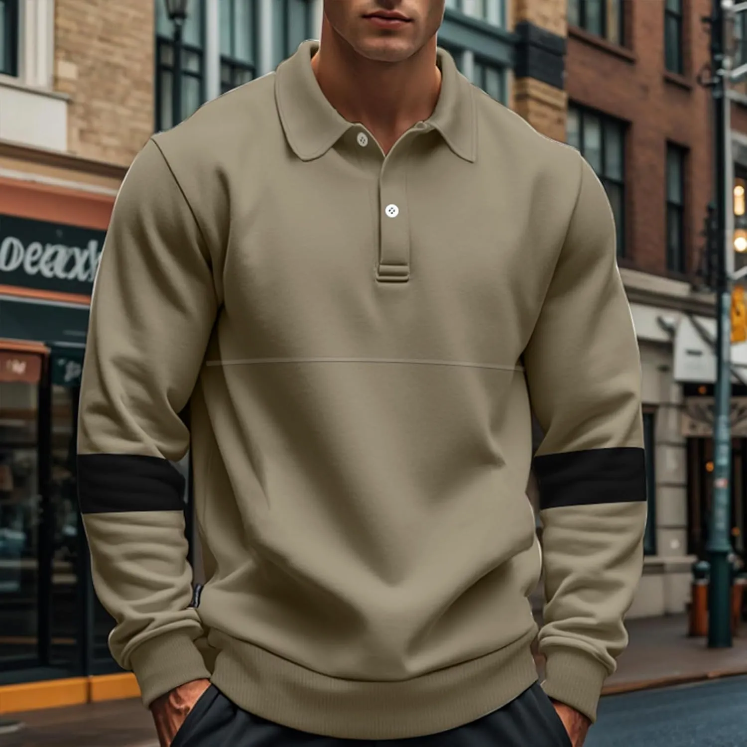 Mens Quarter Sweatshirt Casual Long Sleeve Polo Collar Quilted Sweatshirt Striped Button Pullover Shirts