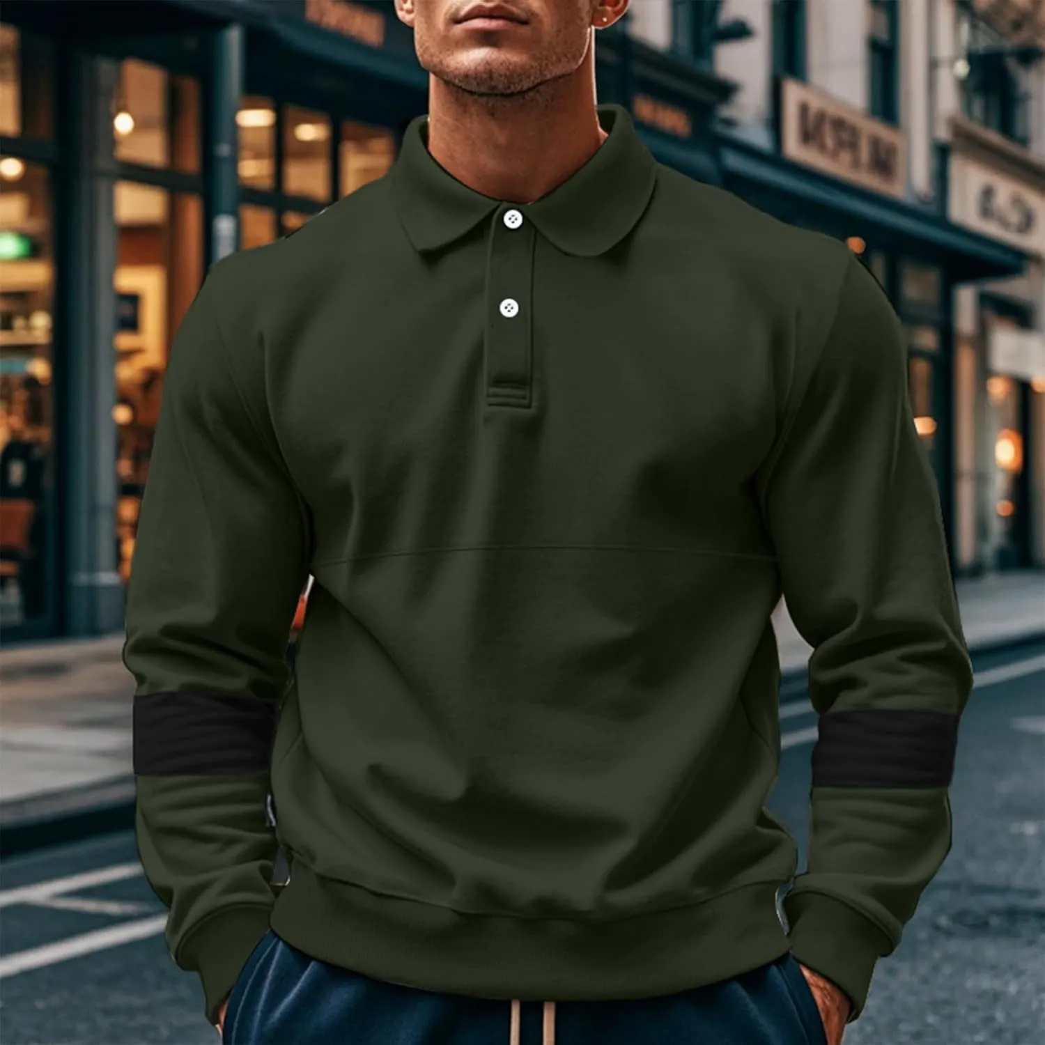 Mens Quarter Sweatshirt Casual Long Sleeve Polo Collar Quilted Sweatshirt Striped Button Pullover Shirts