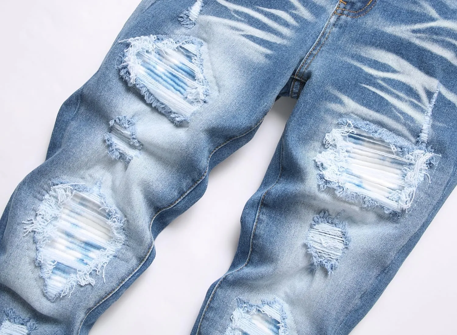 Men's Ripped Patch Elastic Jeans Fashion Slim Fit Regular Denim Pants