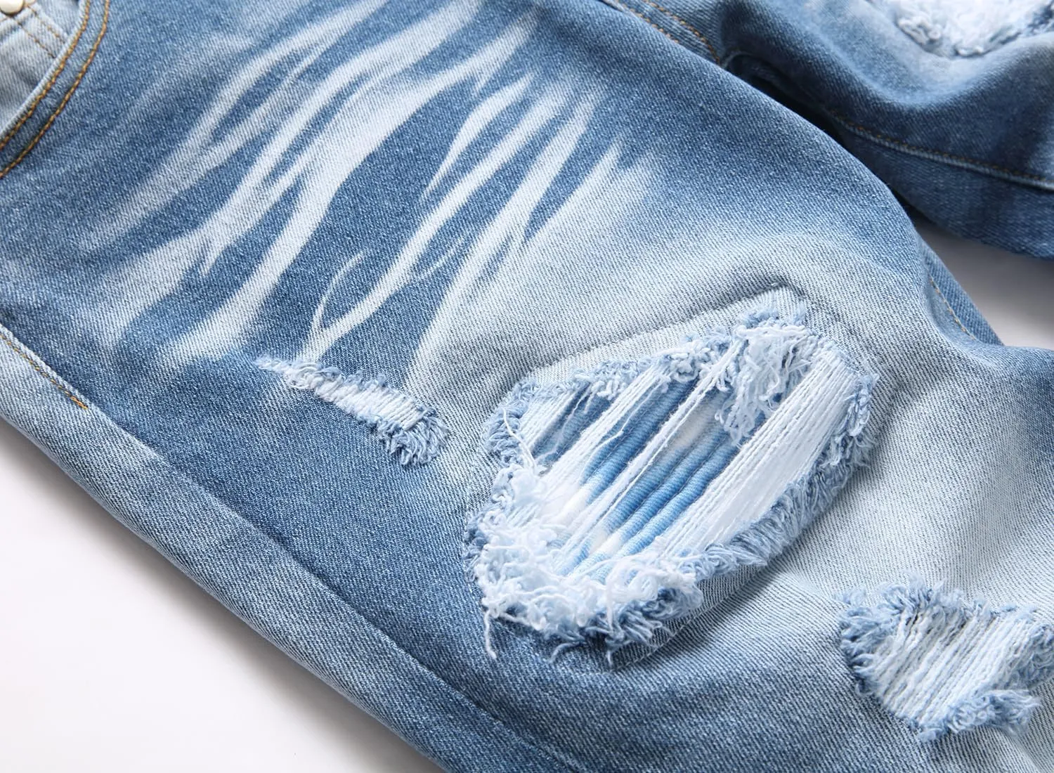 Men's Ripped Patch Elastic Jeans Fashion Slim Fit Regular Denim Pants