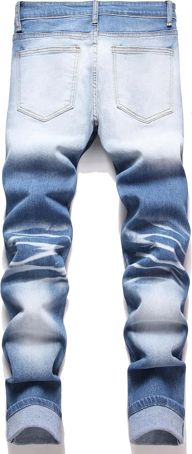 Men's Ripped Patch Elastic Jeans Fashion Slim Fit Regular Denim Pants