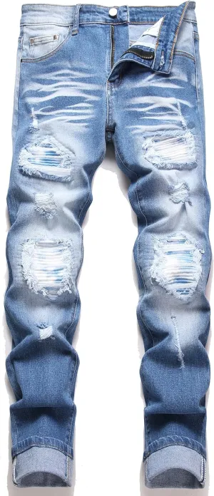 Men's Ripped Patch Elastic Jeans Fashion Slim Fit Regular Denim Pants