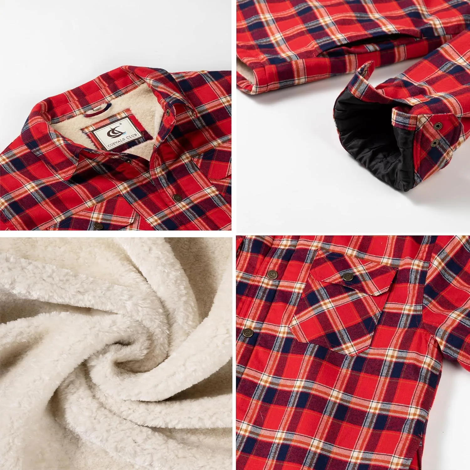 Men's Sherpa Lined Flannel Quilted Jacket Long Sleeve Cotton Button Up Down Jacket Winter Shirts