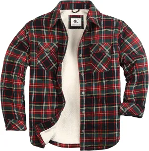 Men's Sherpa Lined Flannel Quilted Jacket Long Sleeve Cotton Button Up Down Jacket Winter Shirts