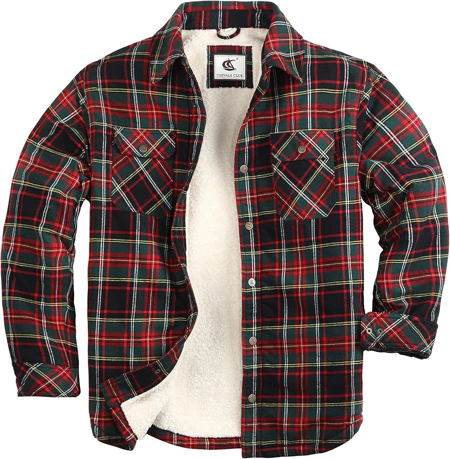 Men's Sherpa Lined Flannel Quilted Jacket Long Sleeve Cotton Button Up Down Jacket Winter Shirts