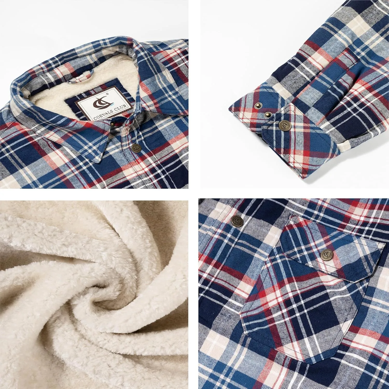 Men's Sherpa Lined Flannel Quilted Jacket Long Sleeve Cotton Button Up Down Jacket Winter Shirts
