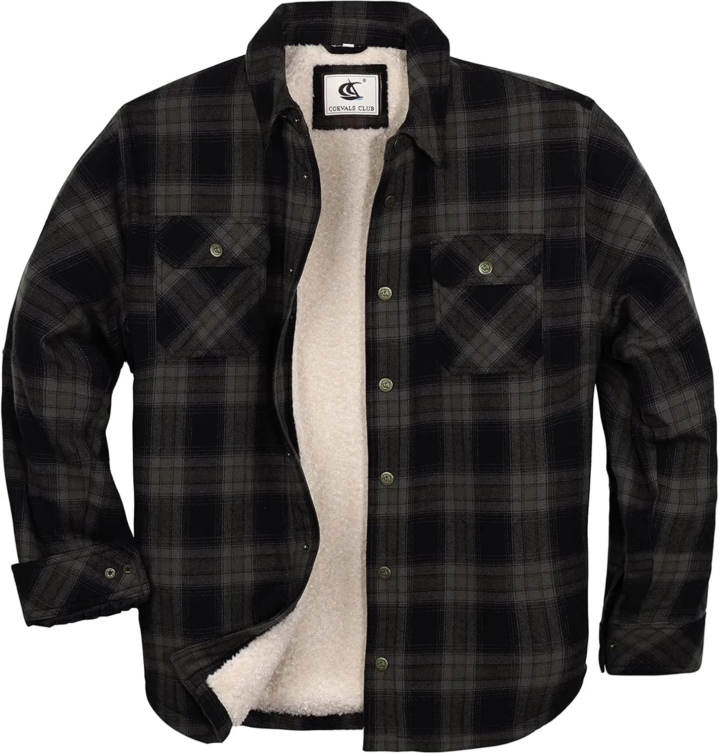 Men's Sherpa Lined Flannel Quilted Jacket Long Sleeve Cotton Button Up Down Jacket Winter Shirts