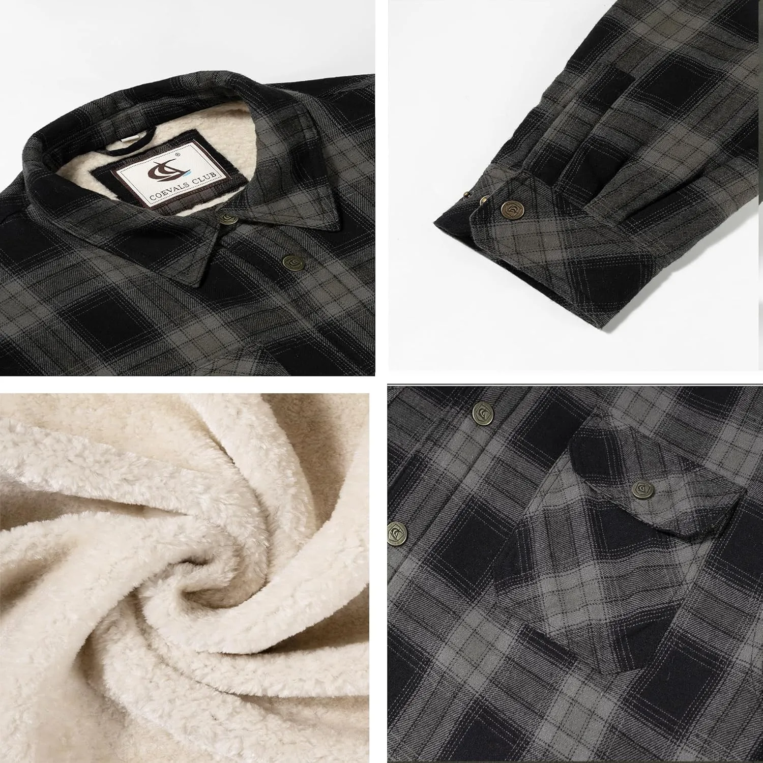 Men's Sherpa Lined Flannel Quilted Jacket Long Sleeve Cotton Button Up Down Jacket Winter Shirts