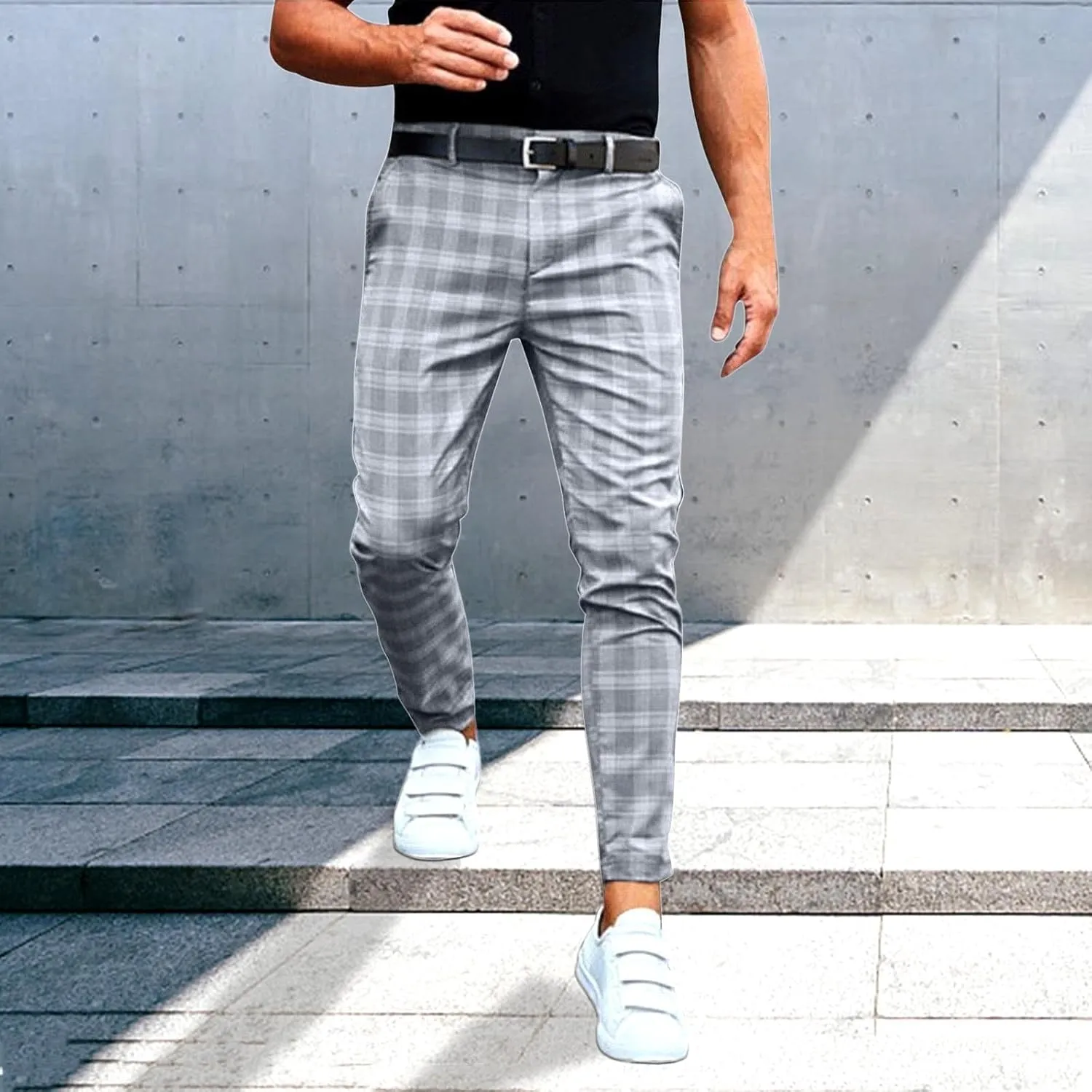 Mens Slim-Fit Pants Classic Fit Pants Casual Fashion Loose Plaid Zipper Trousers Travel Golf Chino Pant