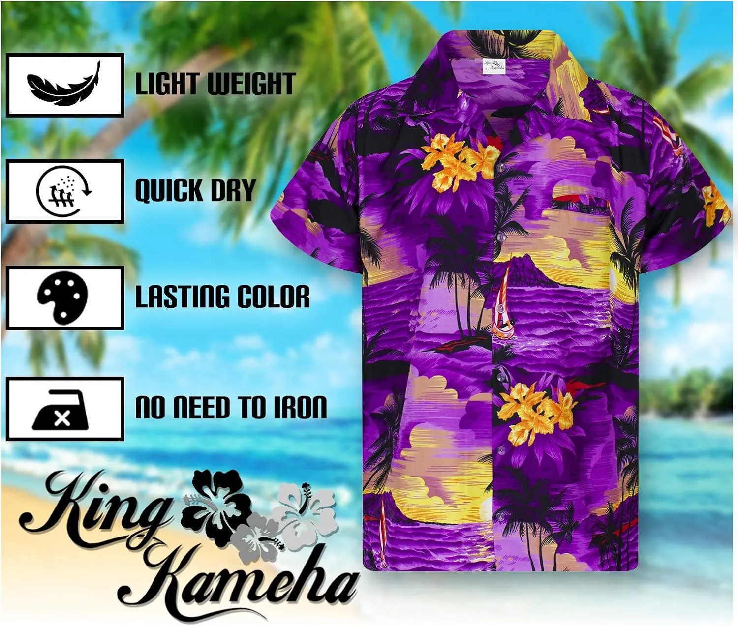 Men's Surfing-Shirt Short-Sleeve Casual-Button-Down Hawaii-Vacation Palms Sunset