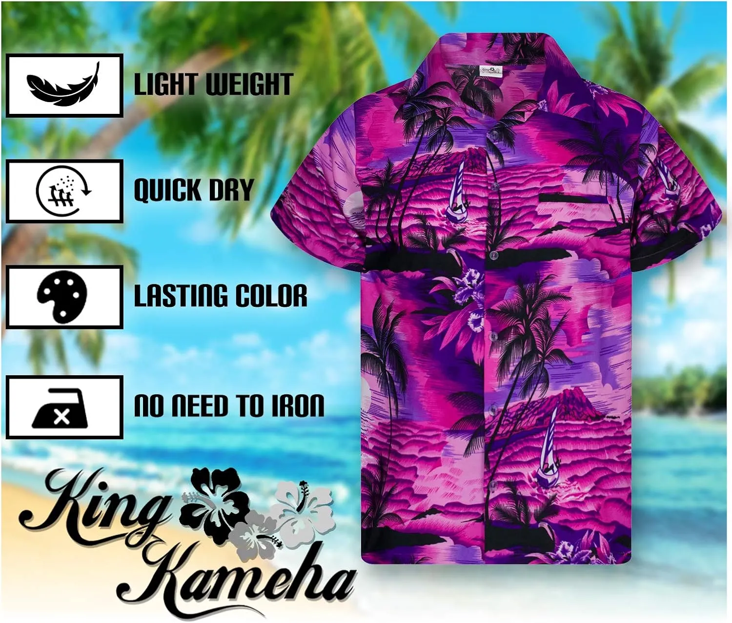 Men's Surfing-Shirt Short-Sleeve Casual-Button-Down Hawaii-Vacation Palms Sunset