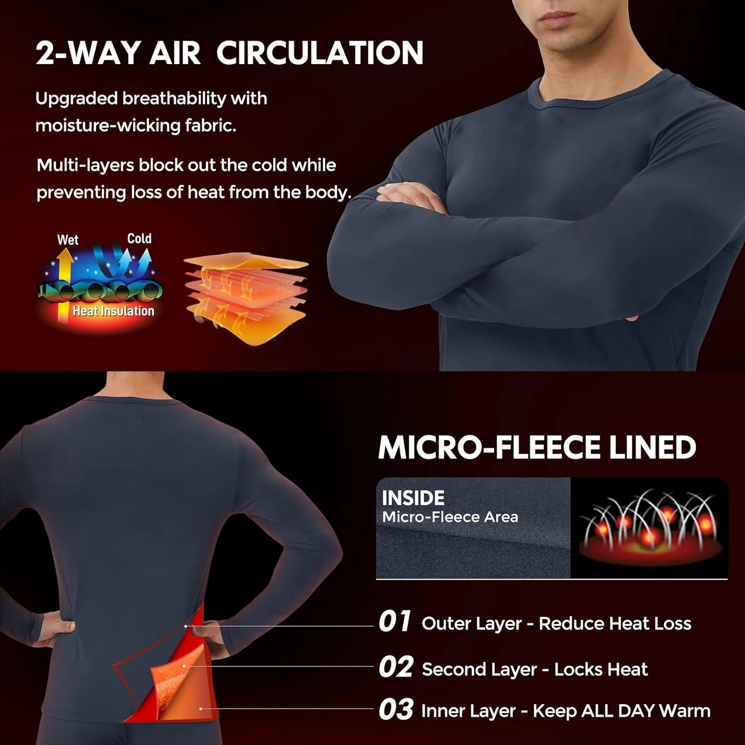 Men's Thermal Shirt 1/2/4 Pcs Fleece Lined Long Sleeve Tops Athletic Base Layer Long John Shirts for Men
