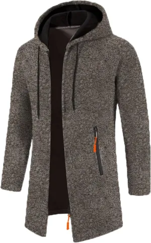 Mens Trench Coat Hoodie Mens Fall Winter Long Open Front Cardigan Sweater Jacket Full Zip Classic Business Overcoat