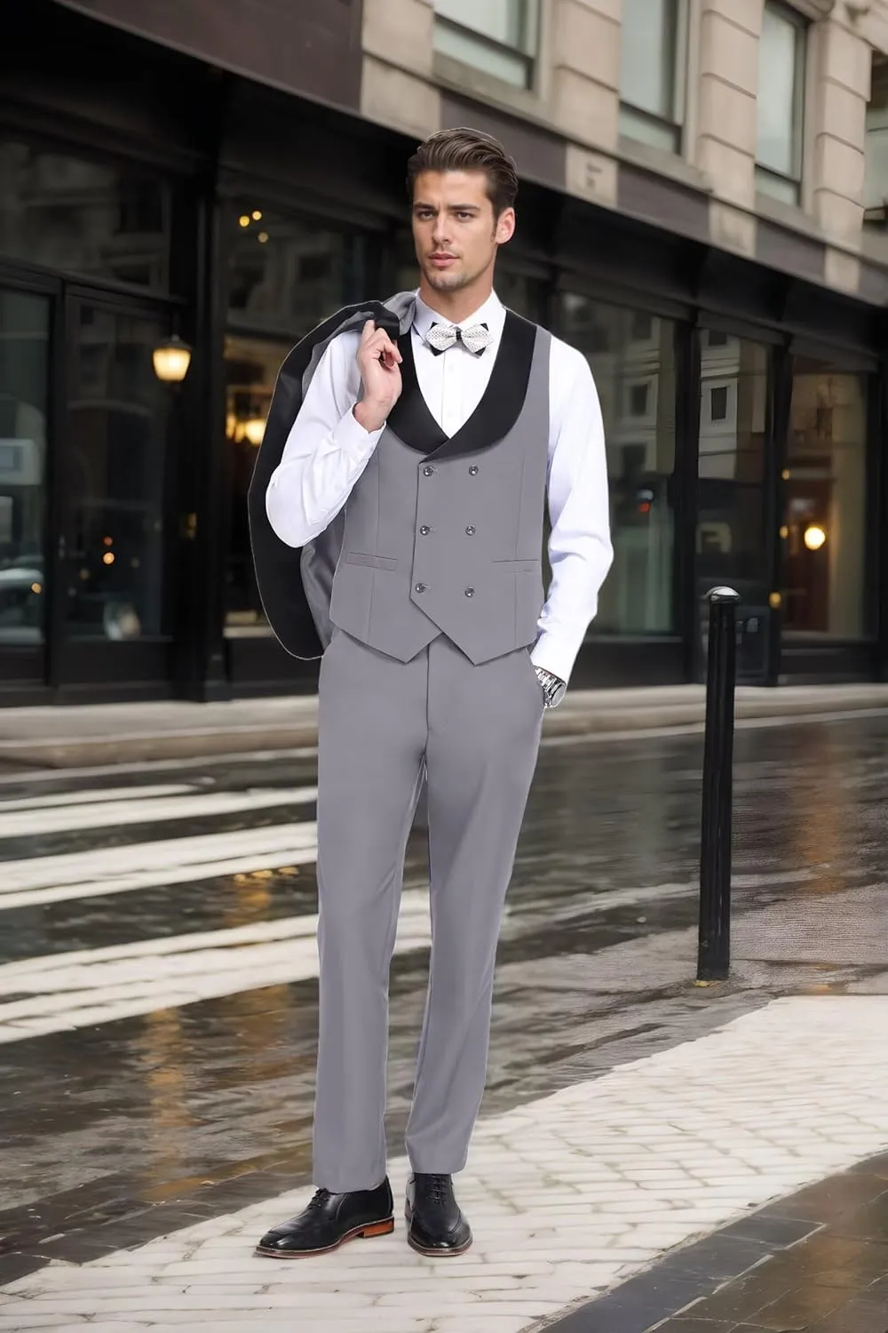 Men's Tuxedo 3 Piece Slim Fit Suit One Button Shawl Lapel Blazer Wedding Prom Jacket Double Breaste Vest Pants