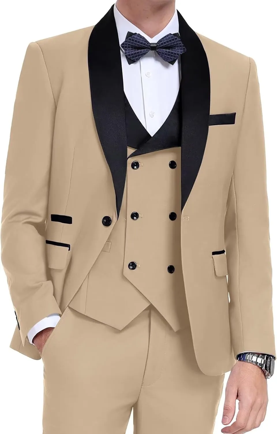 Men's Tuxedo 3 Piece Slim Fit Suit One Button Shawl Lapel Blazer Wedding Prom Jacket Double Breaste Vest Pants