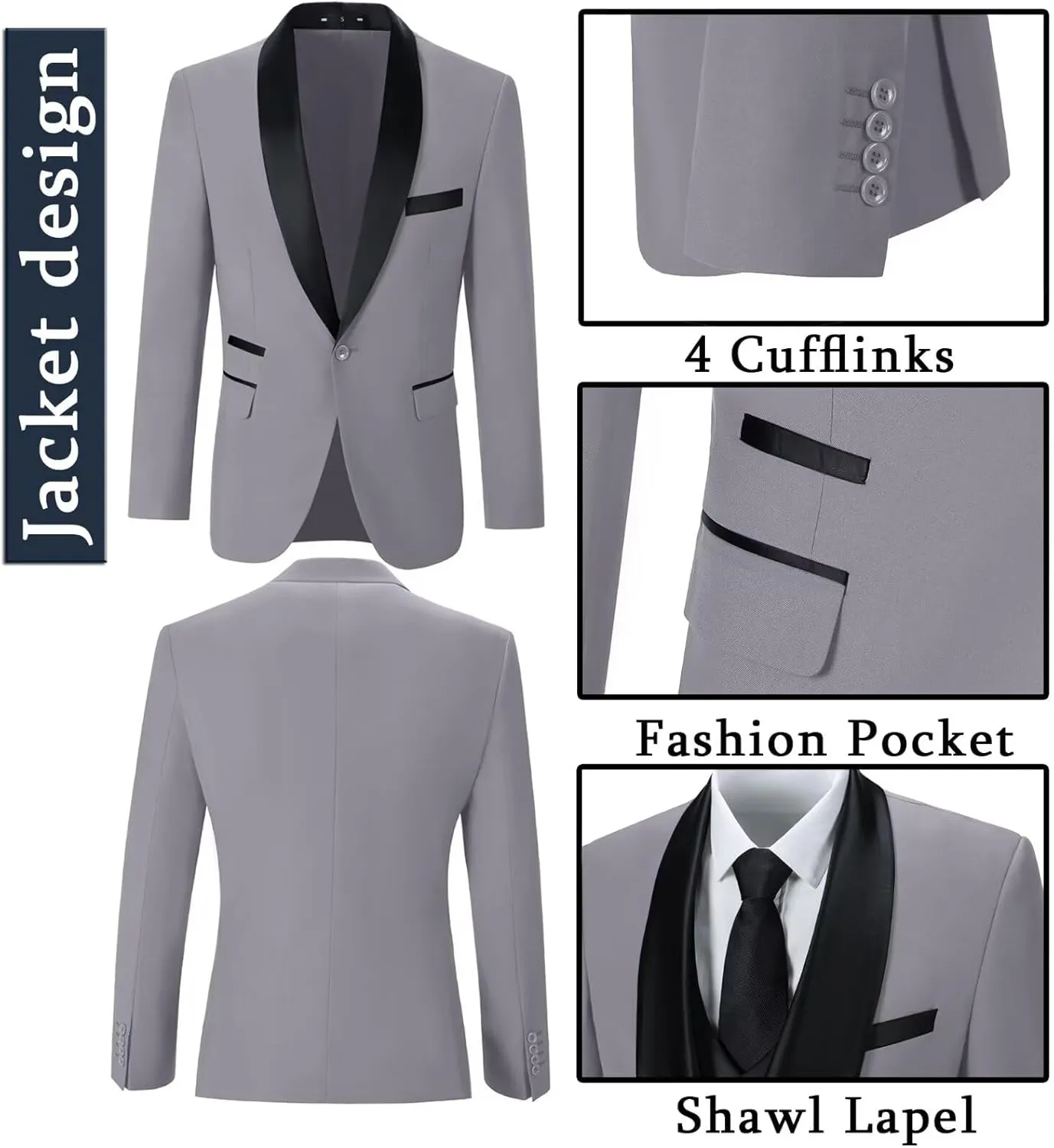 Men's Tuxedo 3 Piece Slim Fit Suit One Button Shawl Lapel Blazer Wedding Prom Jacket Double Breaste Vest Pants