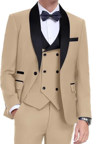 Men's Tuxedo 3 Piece Slim Fit Suit One Button Shawl Lapel Blazer Wedding Prom Jacket Double Breaste Vest Pants
