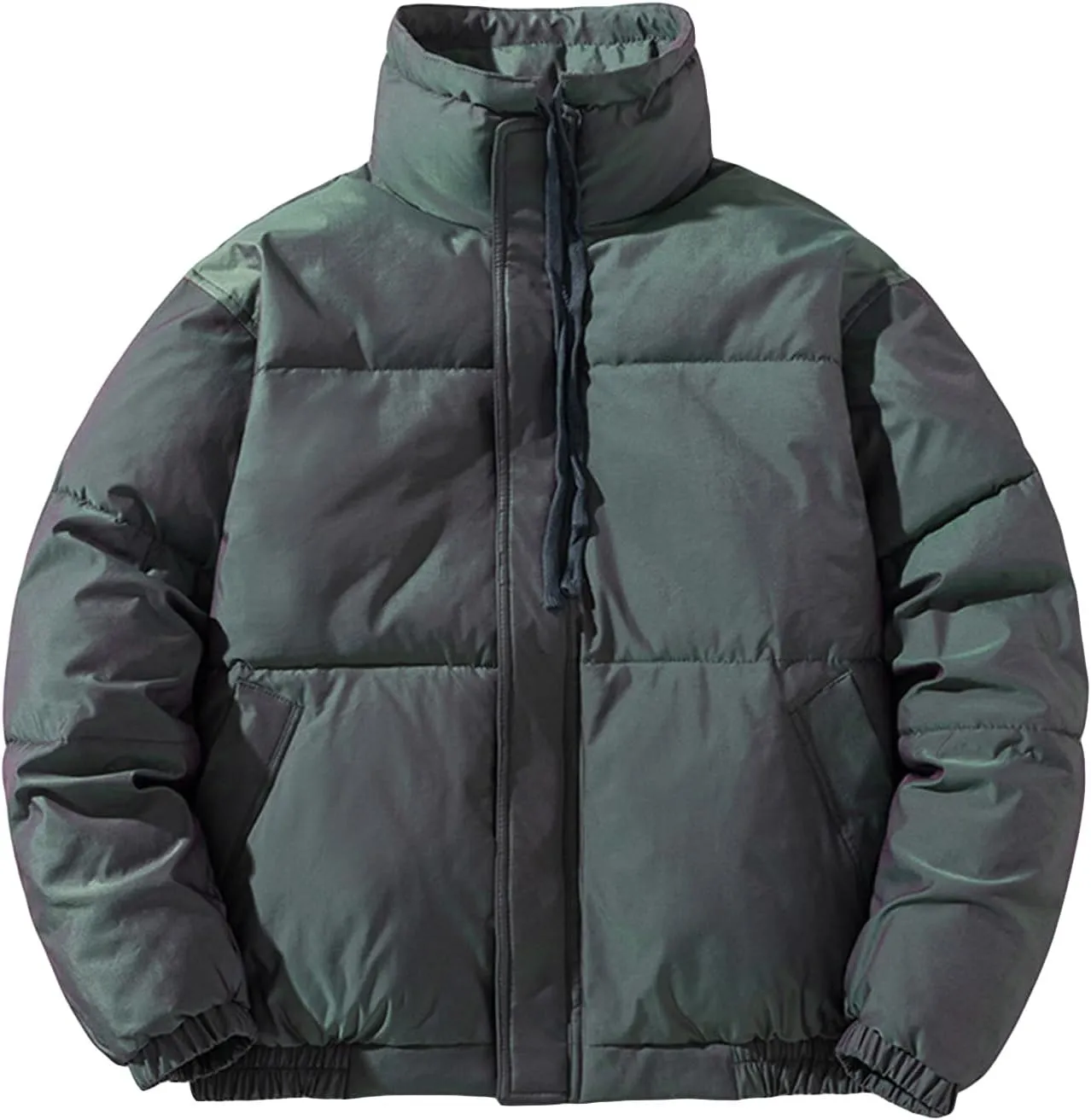 Men's Winter Cotton Padded Jacket Casual Quilted Stand Collar Coat Male Warm Zipper Reflective Drawstring Jacket