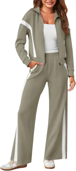MEROKEETY Women's 2 Piece Outfits Color Block Sweatsuit Zip Up Sweatshirt Wide Leg Sweatpant Tracksuit Lounge Travel Set