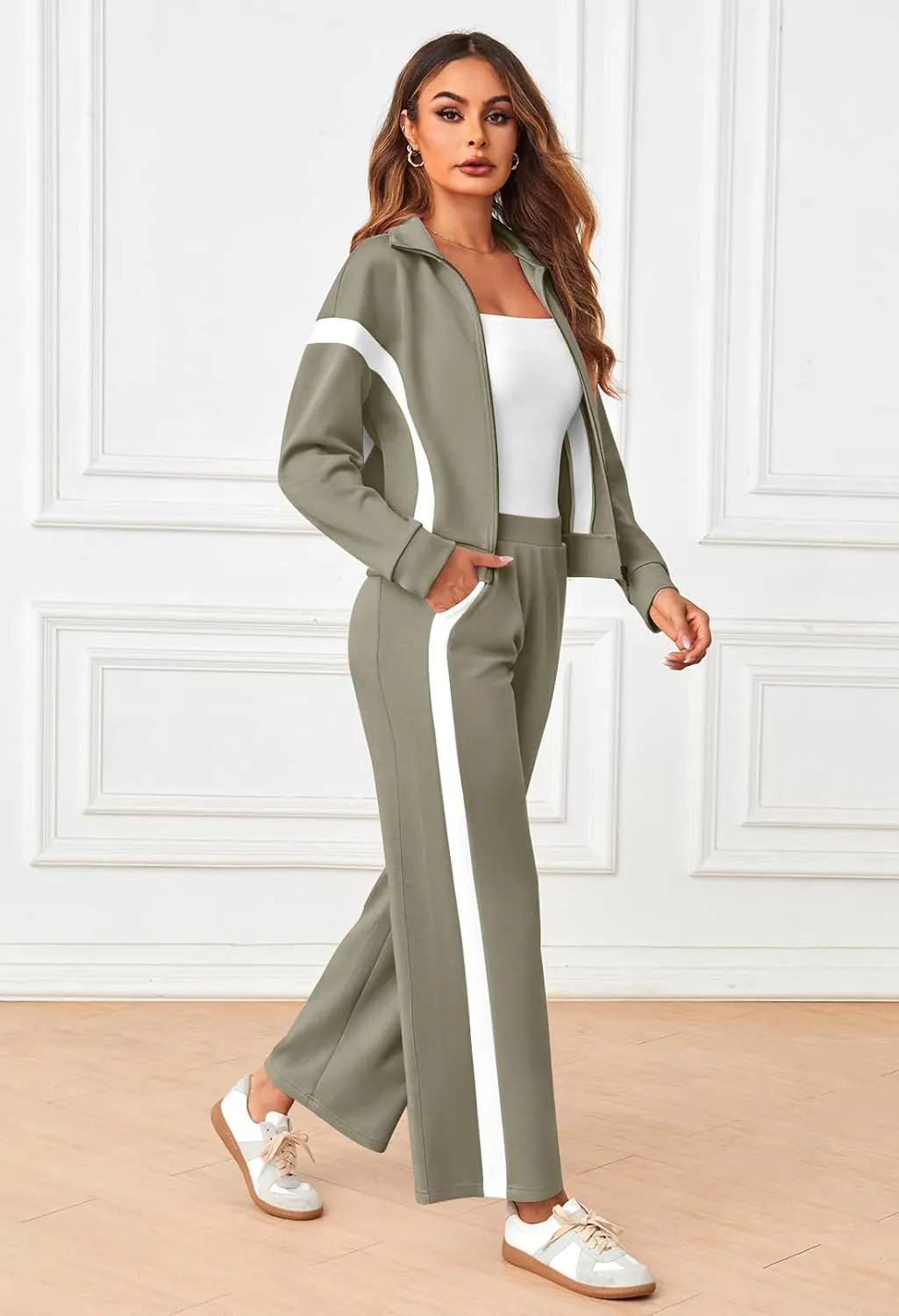 MEROKEETY Women's 2 Piece Outfits Color Block Sweatsuit Zip Up Sweatshirt Wide Leg Sweatpant Tracksuit Lounge Travel Set