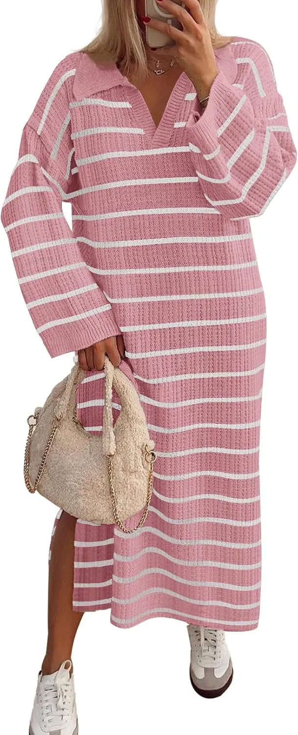 MEROKEETY Women's 2024 Long Sleeve Striped Sweater Dress V Neck Collared Slit Casual Knit Maxi Dresses