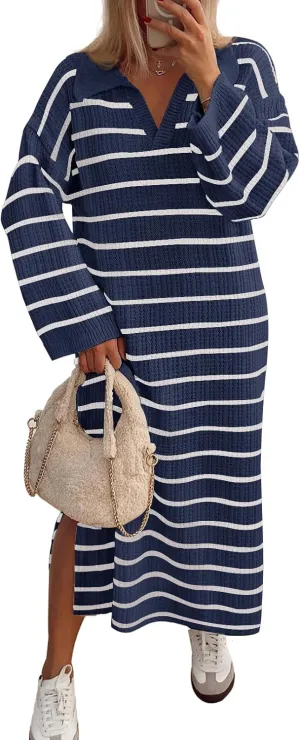 MEROKEETY Women's 2024 Long Sleeve Striped Sweater Dress V Neck Collared Slit Casual Knit Maxi Dresses