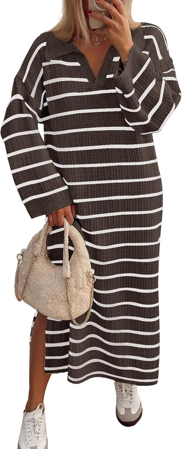 MEROKEETY Women's 2024 Long Sleeve Striped Sweater Dress V Neck Collared Slit Casual Knit Maxi Dresses