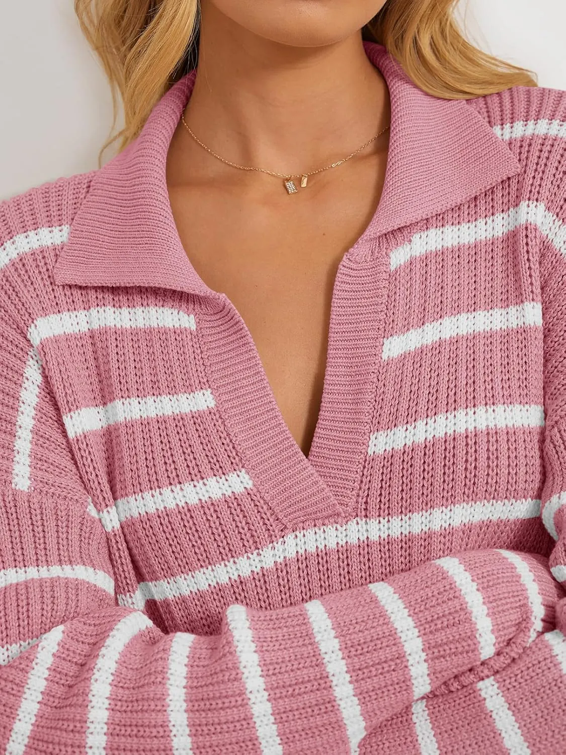 MEROKEETY Women's 2024 Long Sleeve Striped Sweater Dress V Neck Collared Slit Casual Knit Maxi Dresses