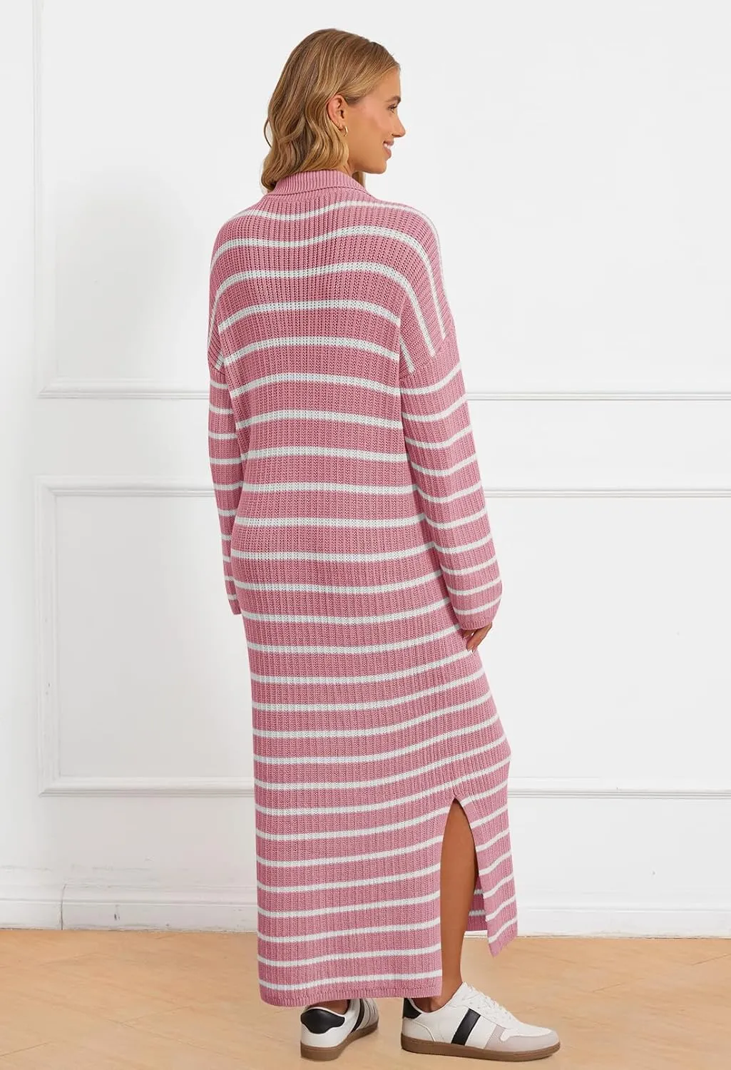MEROKEETY Women's 2024 Long Sleeve Striped Sweater Dress V Neck Collared Slit Casual Knit Maxi Dresses