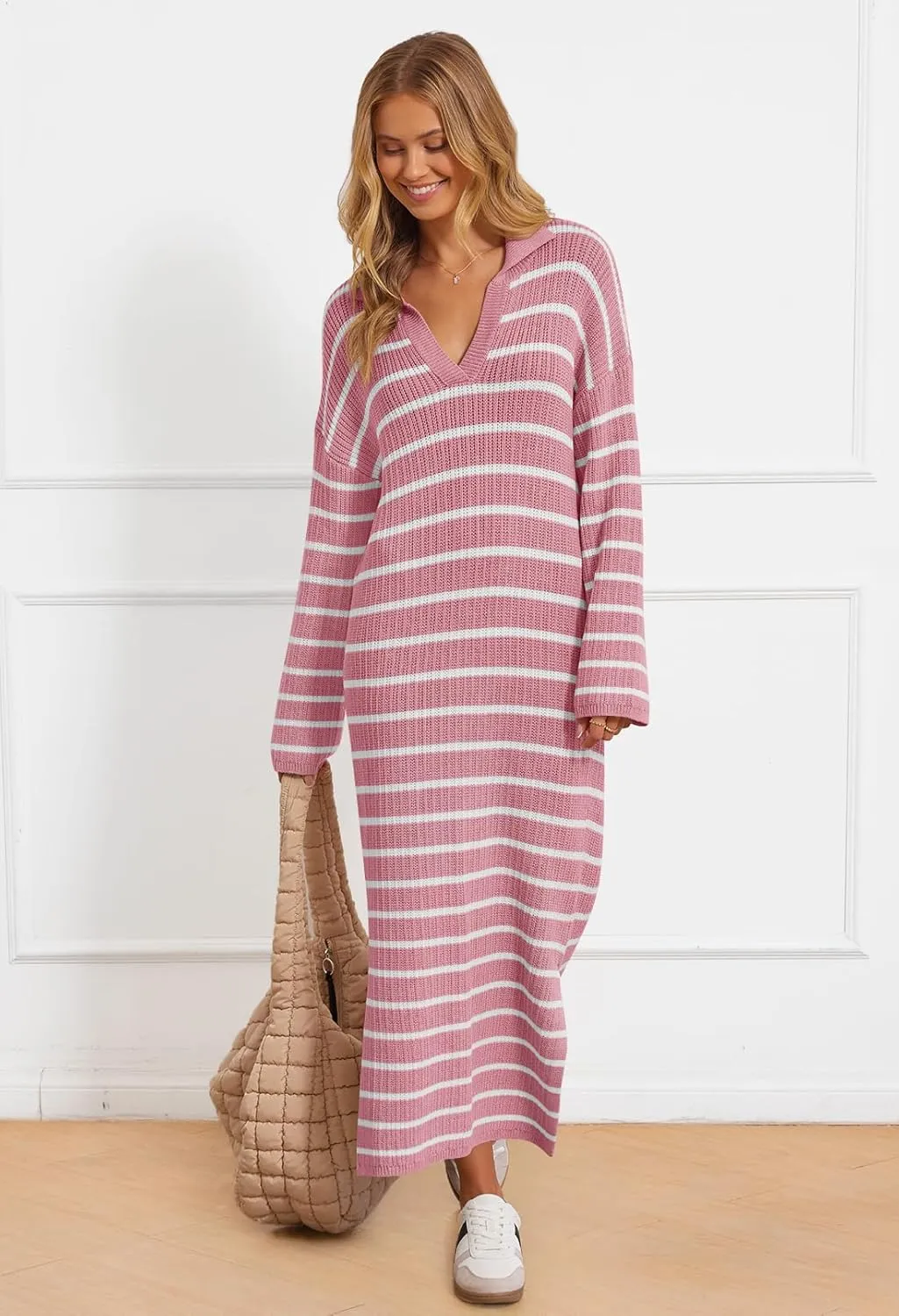 MEROKEETY Women's 2024 Long Sleeve Striped Sweater Dress V Neck Collared Slit Casual Knit Maxi Dresses