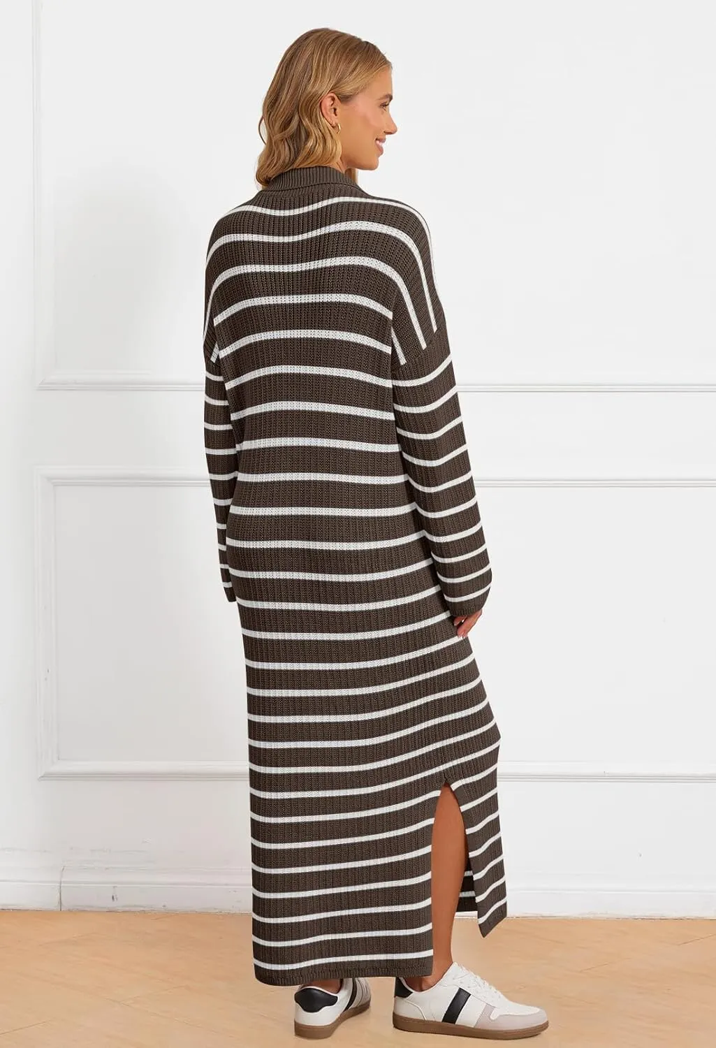 MEROKEETY Women's 2024 Long Sleeve Striped Sweater Dress V Neck Collared Slit Casual Knit Maxi Dresses