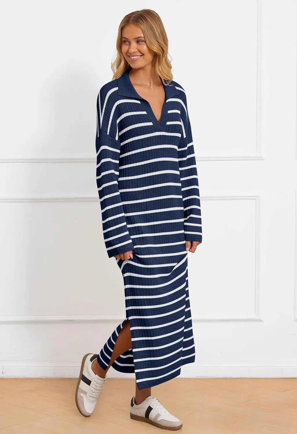 MEROKEETY Women's 2024 Long Sleeve Striped Sweater Dress V Neck Collared Slit Casual Knit Maxi Dresses