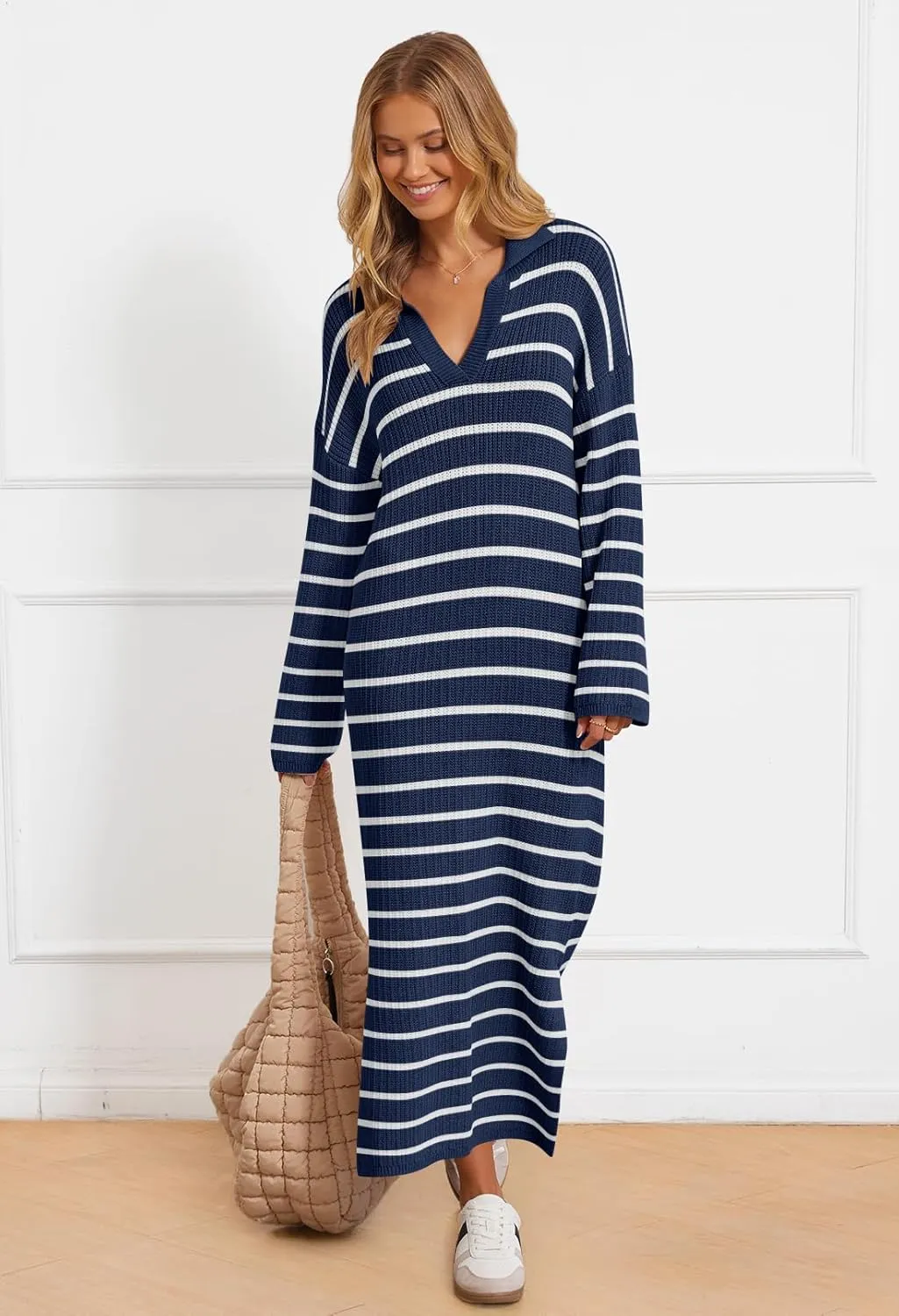 MEROKEETY Women's 2024 Long Sleeve Striped Sweater Dress V Neck Collared Slit Casual Knit Maxi Dresses