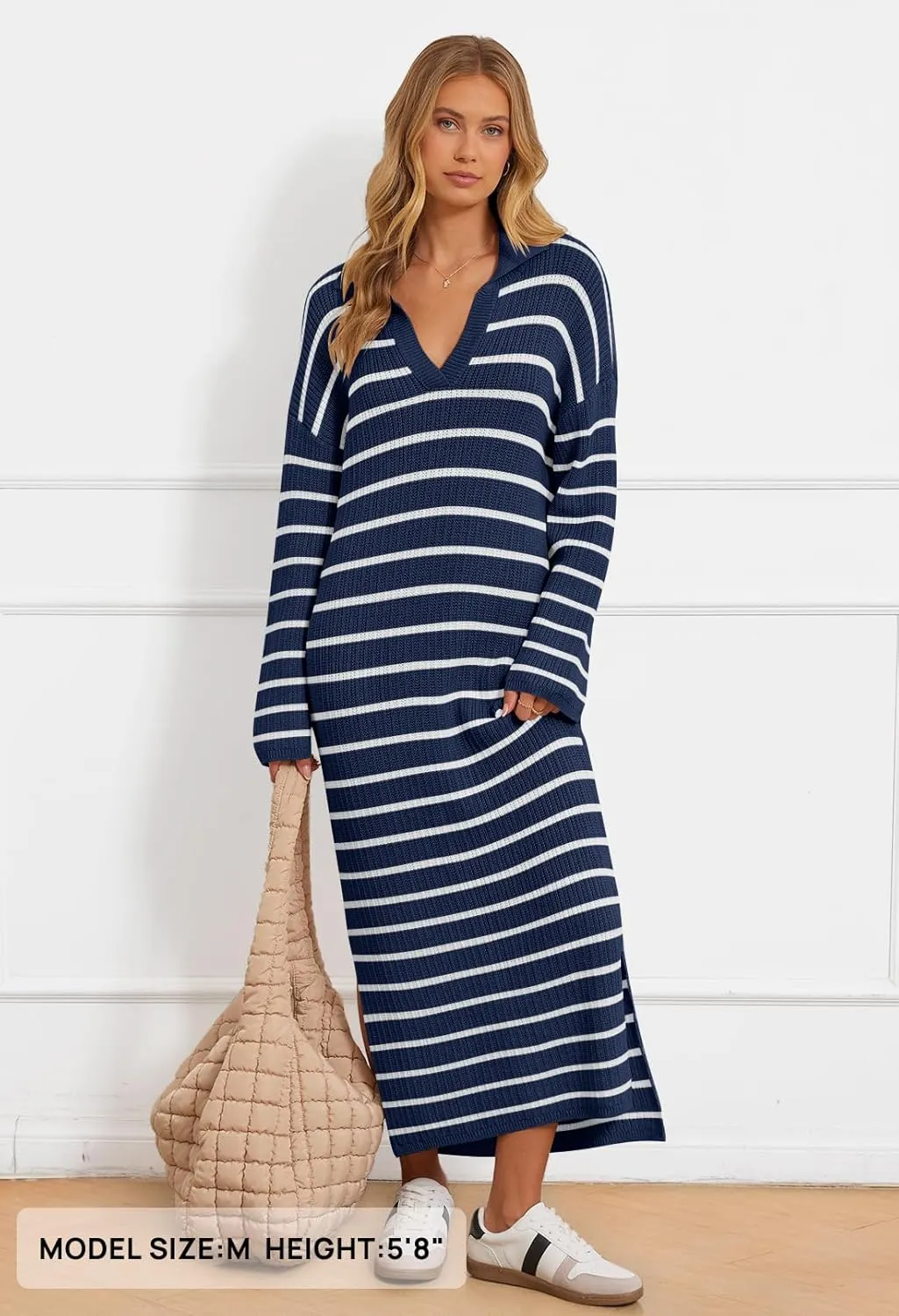 MEROKEETY Women's 2024 Long Sleeve Striped Sweater Dress V Neck Collared Slit Casual Knit Maxi Dresses