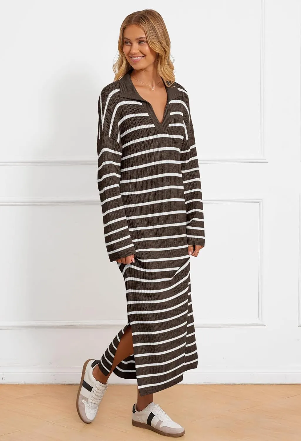 MEROKEETY Women's 2024 Long Sleeve Striped Sweater Dress V Neck Collared Slit Casual Knit Maxi Dresses