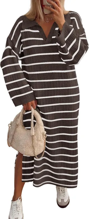 MEROKEETY Women's 2024 Long Sleeve Striped Sweater Dress V Neck Collared Slit Casual Knit Maxi Dresses