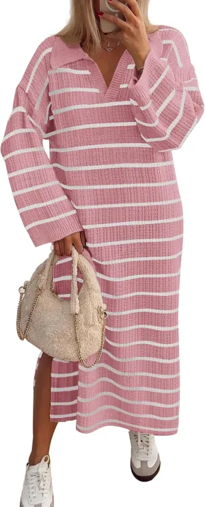 MEROKEETY Women's 2024 Long Sleeve Striped Sweater Dress V Neck Collared Slit Casual Knit Maxi Dresses