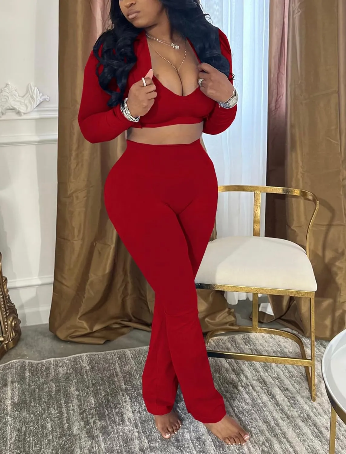 Mintsnow Women 3 Piece Sweatsuit Outfits Sets Long Sleeve Zipper Jacket Crop Tops and Long Flare Pants Set Workout Tracksuit